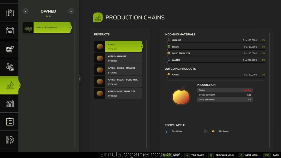 Apple Tree Mod in FS25, Production Screen